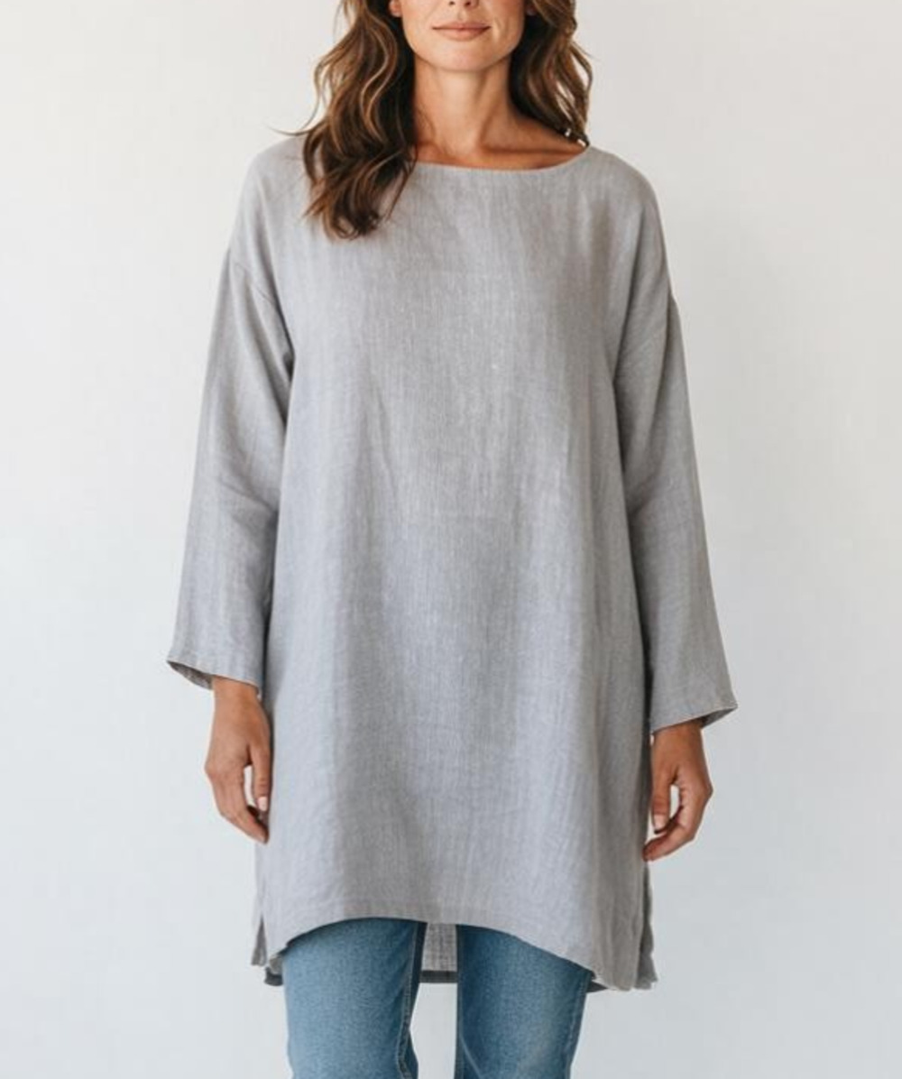 A5 EILEEN FISHER Long Sleeve Side Slit Heather Gray Linen T-Shirt Dress Size M
